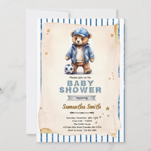 Soccer Bear Baby Shower Invitation Kaart (Voorkant)