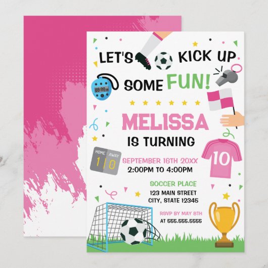 Soccer Birthday girl Invitation (Devant / Derrière)