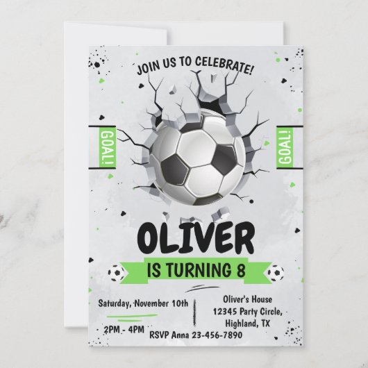 Soccer boy Green Anniversaire Invitation (Devant)