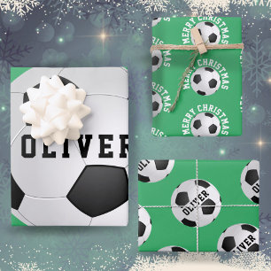 Soccer Football Balls Kinder Name Green Kerstmis Inpakpapier Vel