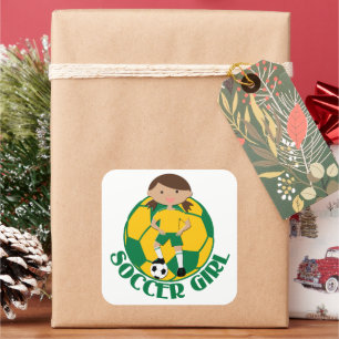 Soccer Girl 4 en Ball Green en Yellow v2 Vierkante Sticker