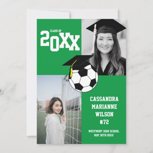 Soccer Graduation Sports Vert Blanc Faire-part (Devant)