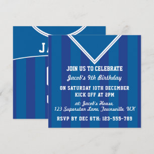 Soccer Jersey Thema Party Invites, Football, Blauw Kaart