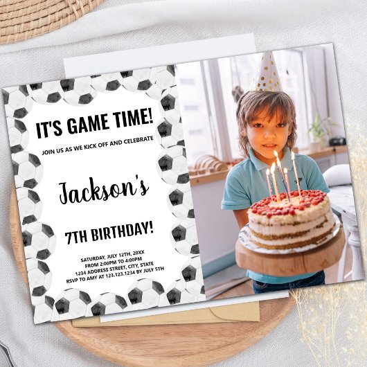 Soccer noir Invitation à l'anniversaire avec photo