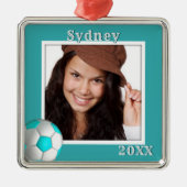 Soccer Player Photo Name Daughers Kerstmis Metalen Ornament (Voorkant)