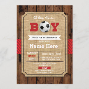 Soccer Red Boy Baby shower Wood Football Uitnodige Kaart