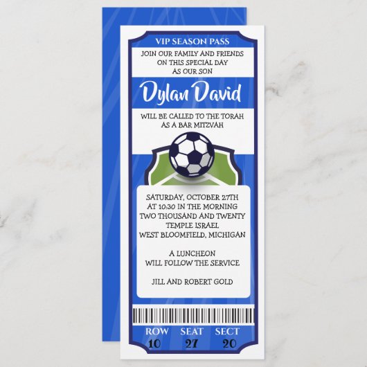 SOCCER TICKET Bar Bat Mitzvah Uitnodiging (Voorkant / Achterkant)