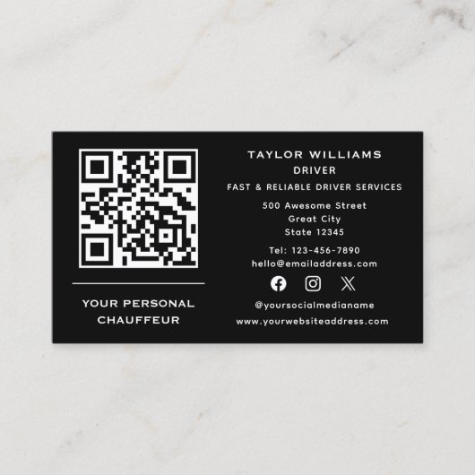 Social Media QR Code Chauffeur Service Taxichauffe Visitekaartje (Voorkant)