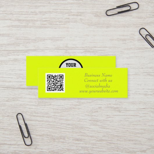 Social media QR Code Eenvoudig Fluorescerend Geel Mini Visitekaartje (Voorkant / Achterkant in situ)