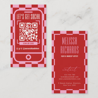 Social Media QR Code Retro Groovy Red & Pink Visitekaartje