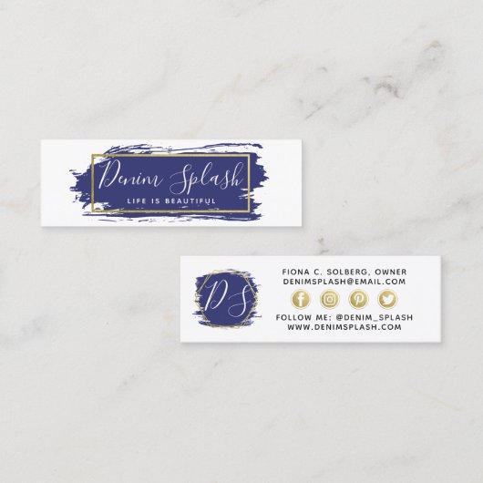 Sociale influencer Navy Blue & Gold Paint Stroke Mini Visitekaartje (Voorkant / Achterkant)