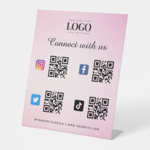 Sociale media Qr Code Logo Twitter Facebook Roze Reclamebord Met Voetstuk