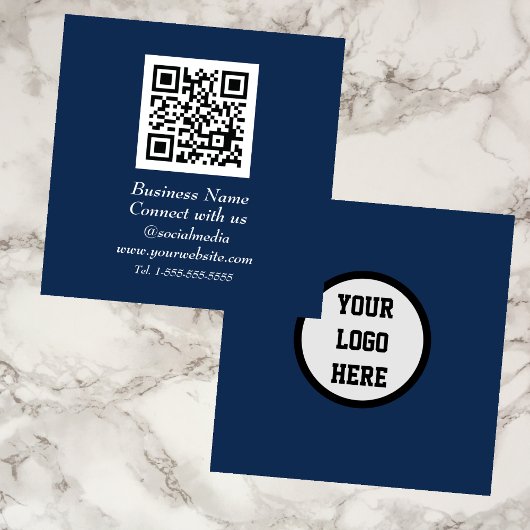 Sociale media QR Code Scannable Navy Blue Vierkante Visitekaartje
