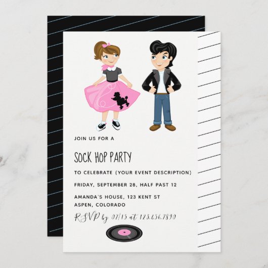 Sock Hop Kinder Rock en Roll Retro Party Kaart (Voorkant / Achterkant)