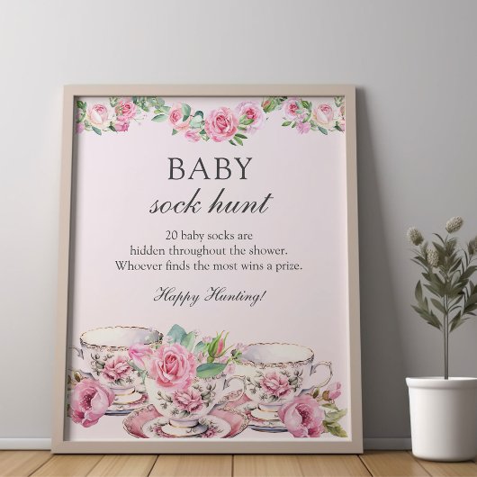 Sock Hunt Baby shower Spel Thee Cups Roze Poster