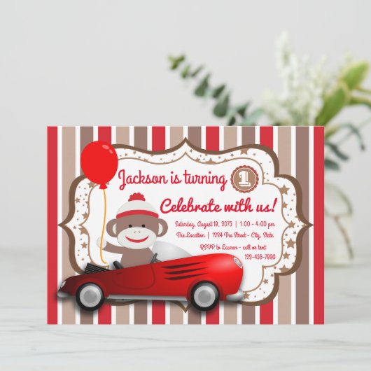 Sock Monkey 1er Anniversaire Fête Invitation (Debout devant)