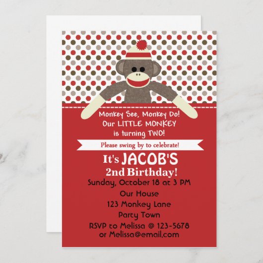 Sock Monkey 2nd Birthday Party invitation - person (Devant / Derrière)