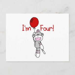 Sock Monkey 4e verjaardag Tshirts en geschenken Briefkaart