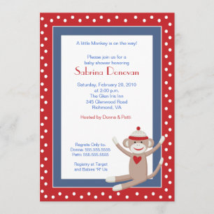 Sock Monkey 5x7 Baby shower Invitation (Red/Denim) Kaart