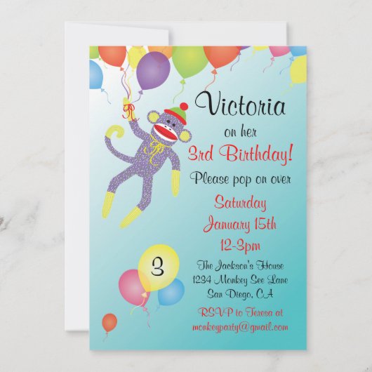 Sock Monkey and Balloons Photo Insérer Invitation  (Dos)