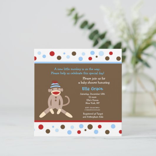 Sock Monkey Baby Shower Invitations Garçon (Debout devant)