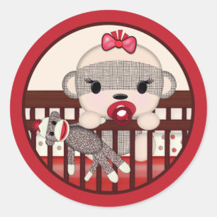 SOCK MONKEY Baby shower Wieg Seal Rond MEISJE Ronde Sticker