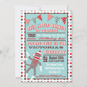Sock Monkey Birthday Party Poster Kaart