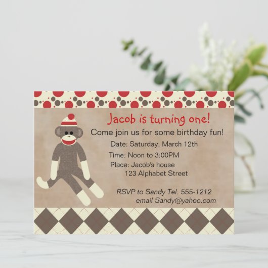 Sock Monkey Birthday Uitnodiging (Staand voorkant)