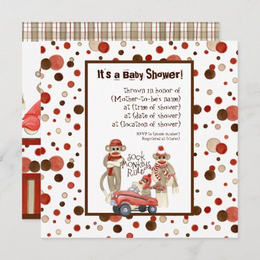 Sock Monkey, Boy Baby shower Invitation (Devant / Derrière)