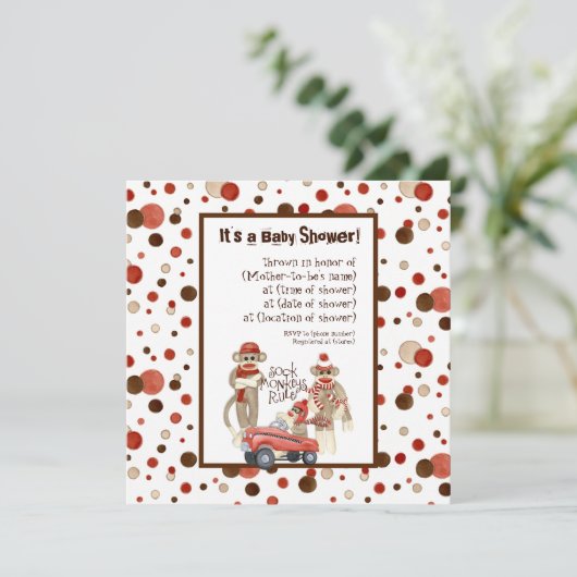 Sock Monkey, Boy Baby shower Invitation (Debout devant)