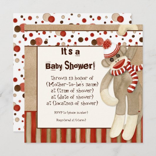 Sock Monkey, Boy Baby shower Invitation (Devant / Derrière)