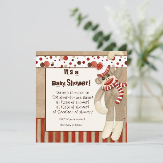 Sock Monkey, Boy Baby shower Invitation (Debout devant)