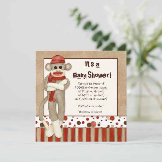 Sock Monkey, Boy Baby shower Invitation (Debout devant)