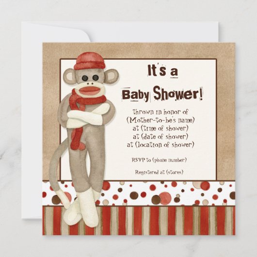 Sock Monkey, Boy Baby shower Invitation (Devant)