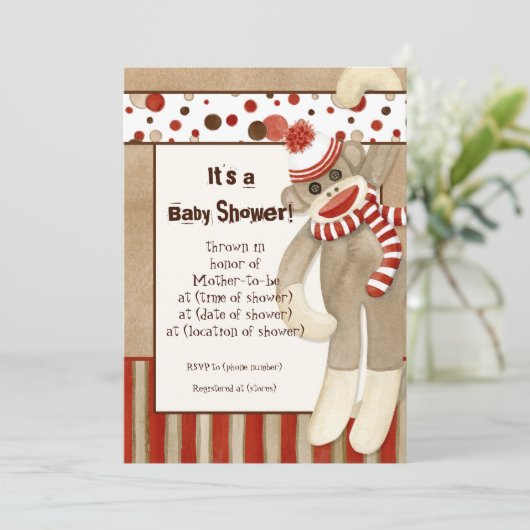 Sock Monkey, Boy Baby shower Invitation (Debout devant)