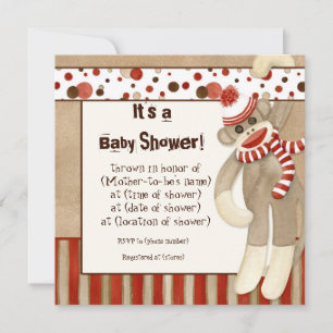 Sock Monkey, Boy Baby shower Invitation Kaart