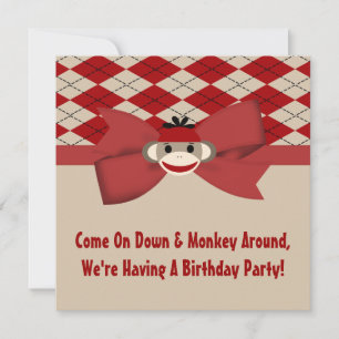 Sock Monkey Boy Gingham Birthday Party Kaart