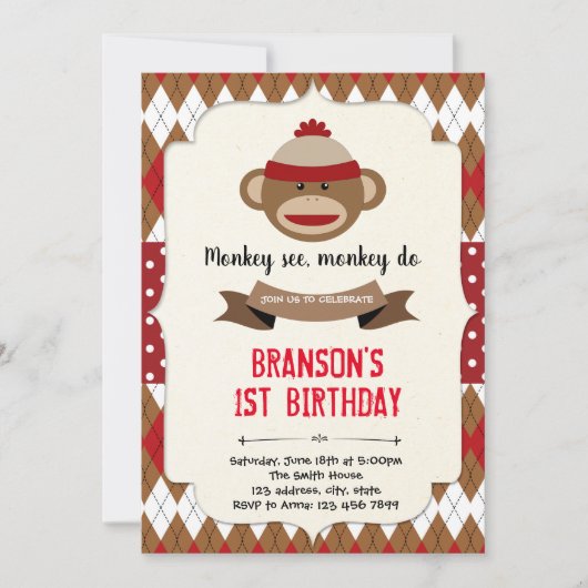 Sock monkey boy party uitnodiging (Voorkant)