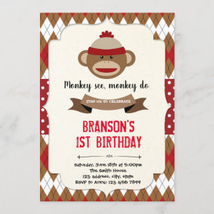 Sock monkey boy party uitnodiging