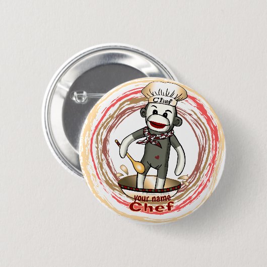 Sock Monkey Chef pin knop Ronde Button 5,7 Cm (Voorkant /achterkant)