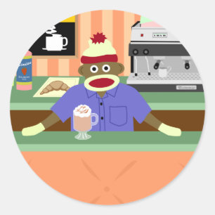 Sock Monkey Coffee Shop Barista Ronde Sticker