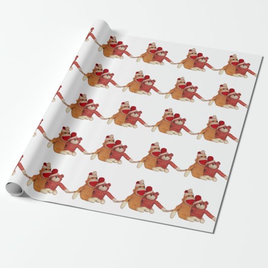 Sock Monkey en Beer in Santa Hats Cadeaupapier (Uitgerold)