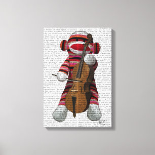 Sock Monkey en Cello Canvas Afdruk