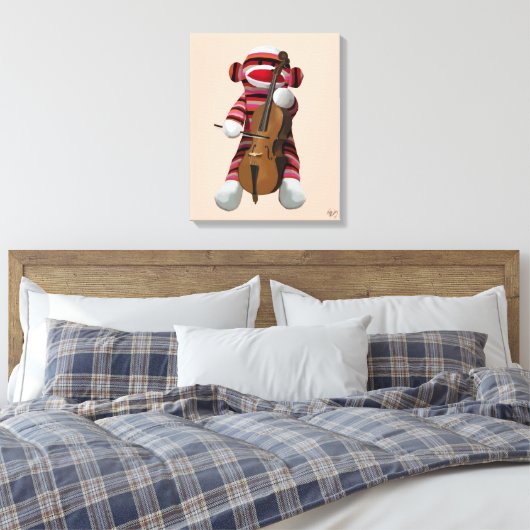 Sock Monkey en Cello Canvas Afdruk (Insitu (Slaapkamer))