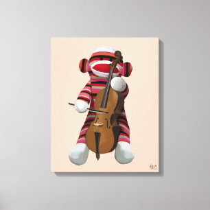 Sock Monkey en Cello Canvas Afdruk