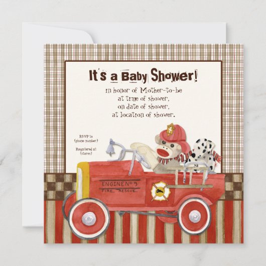 Sock Monkey, Fire Truck Boy Invitation Baby shower (Devant)