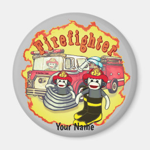 Sock Monkey Firetruck Brandweerman Magneet