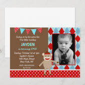 Sock Monkey Foto Birthday Party Kaart (Voorkant / Achterkant)