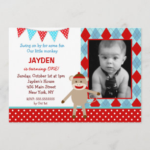 Sock Monkey Foto Birthday-uitnodigingen Kaart