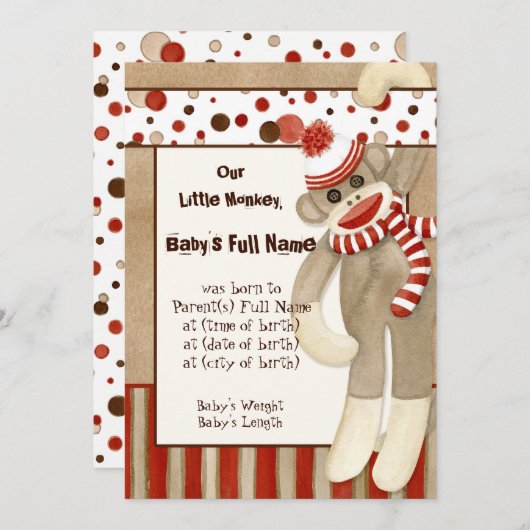 Sock Monkey, Garçon Faire-part de naissance (Devant / Derrière)